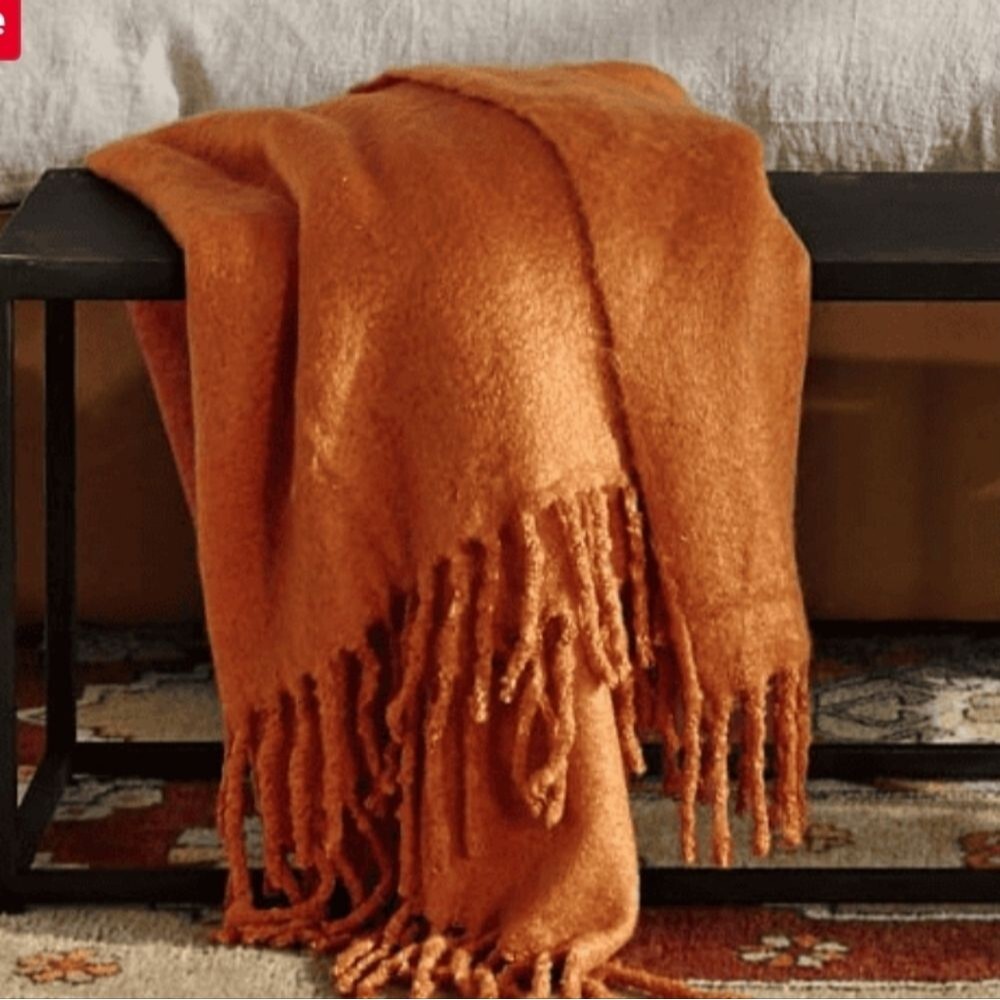 Pottery Barn Orange Mohair Style Throw  55x80 Acrylic